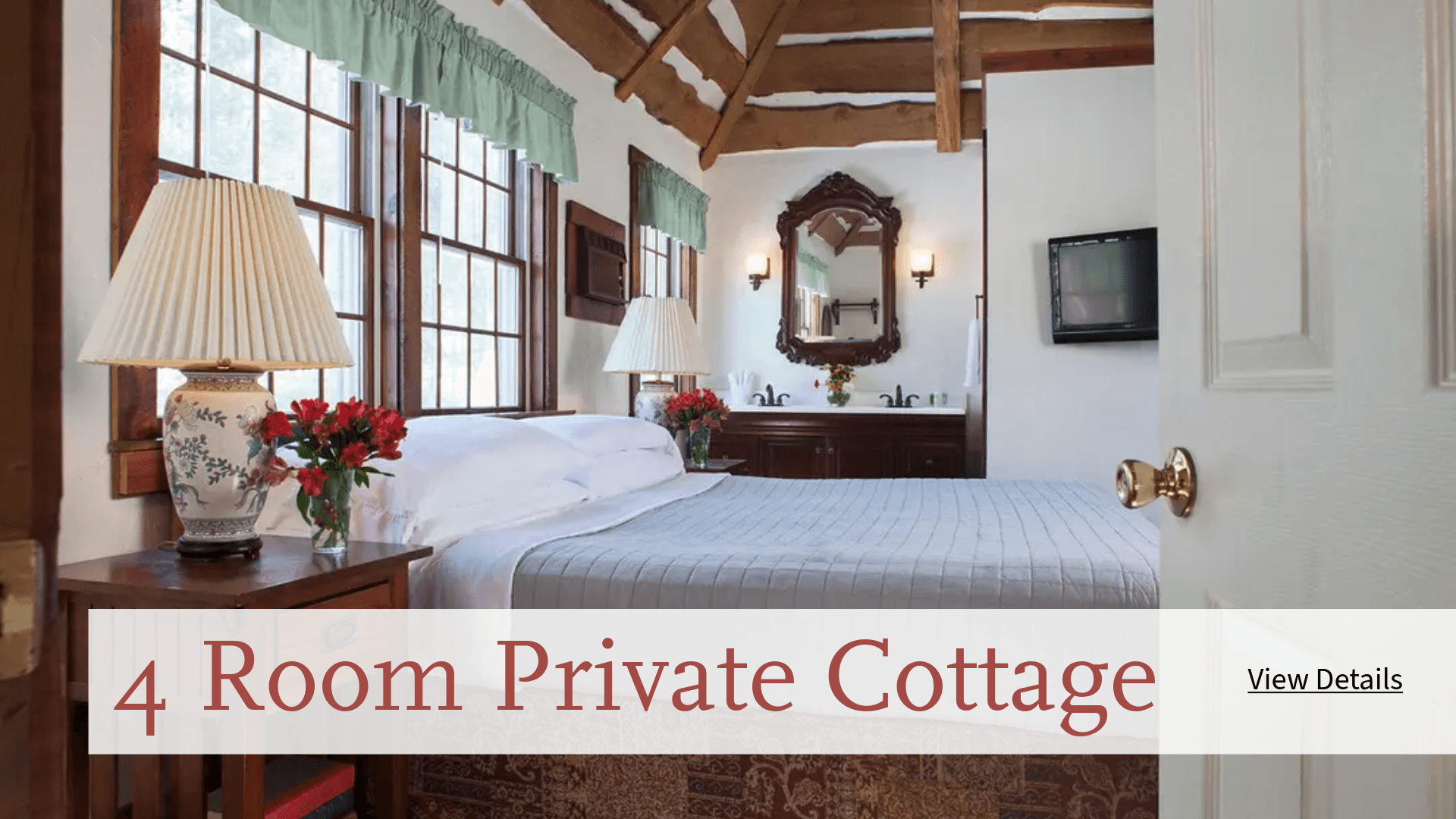 Cozy bedroom in a four-room private cottage with wooden beams and natural light.