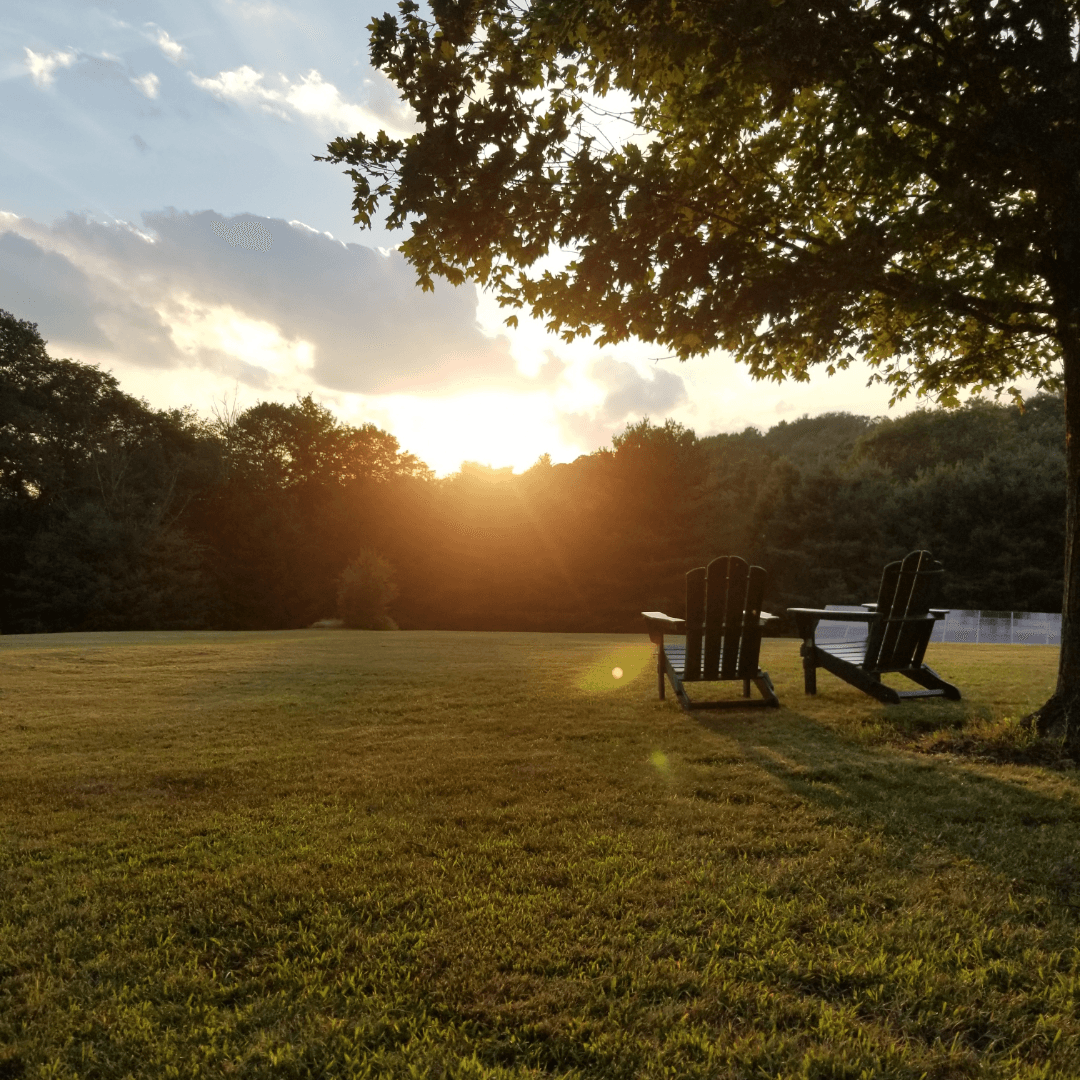 Two wooden chairs sit on a grassy lawn as the sun sets behind trees.