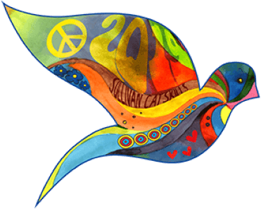 A colorful, abstract bird design featuring peace symbols and the year 2019.