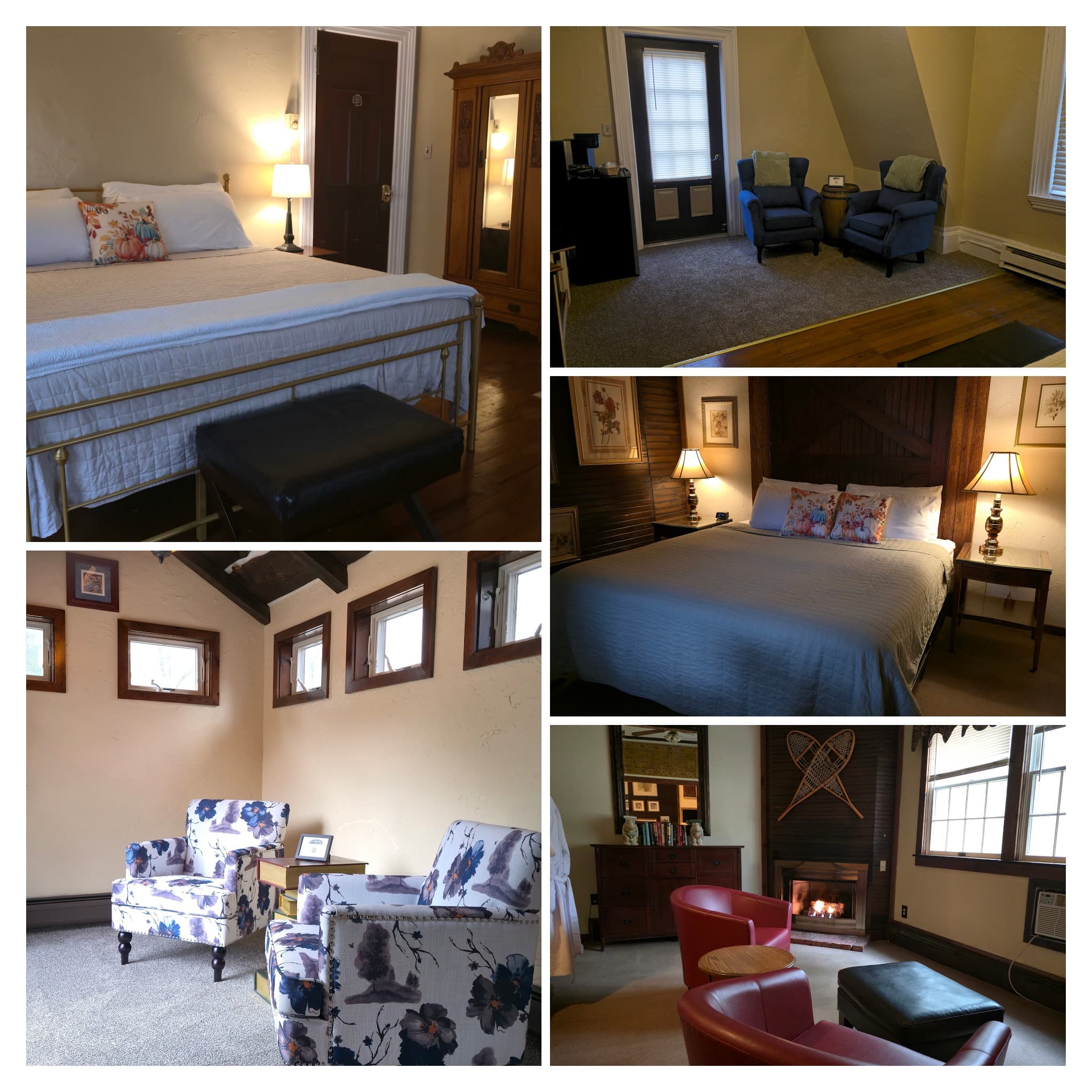 A collage of cozy, well-furnished guest rooms featuring beds, armchairs, and unique decor.