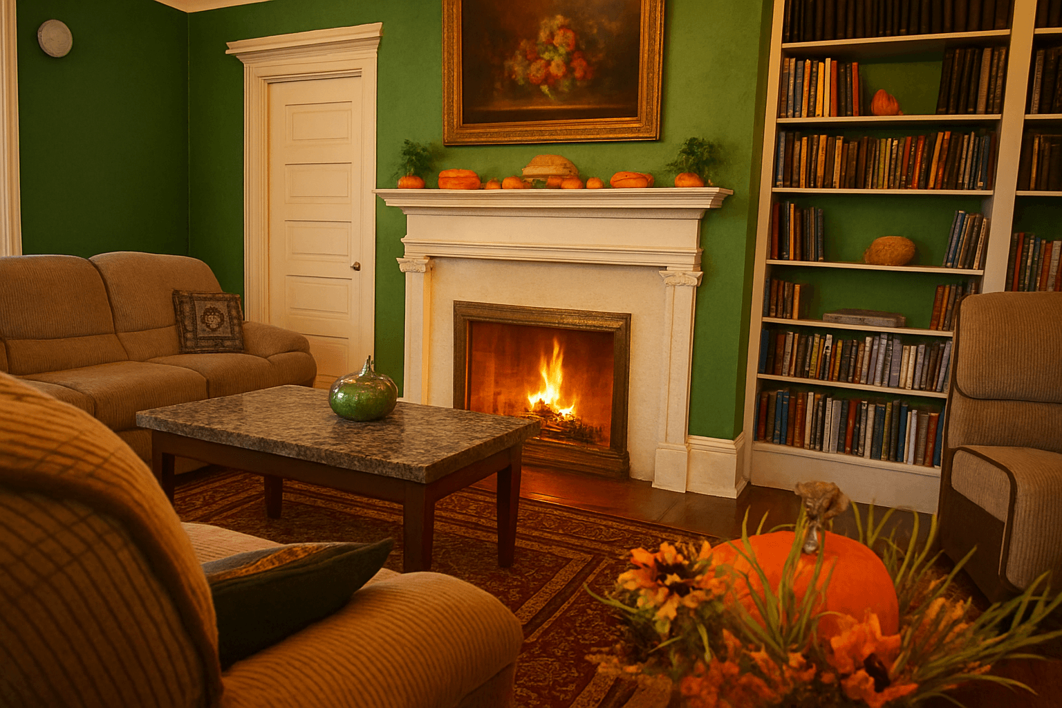 Cozy living room with green walls, a fireplace, and a decorative table set with plants and autumn accents.