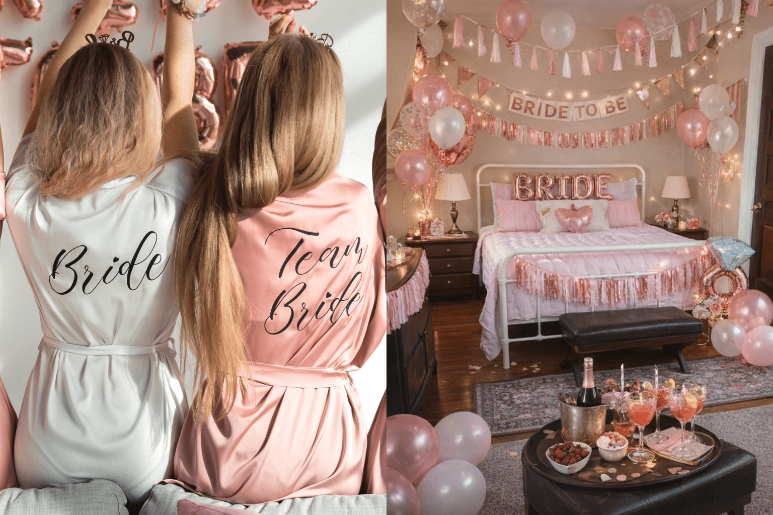 Bridal shower celebration featuring a bride and her party in matching robes beside a decorated room with pink and gold accents.