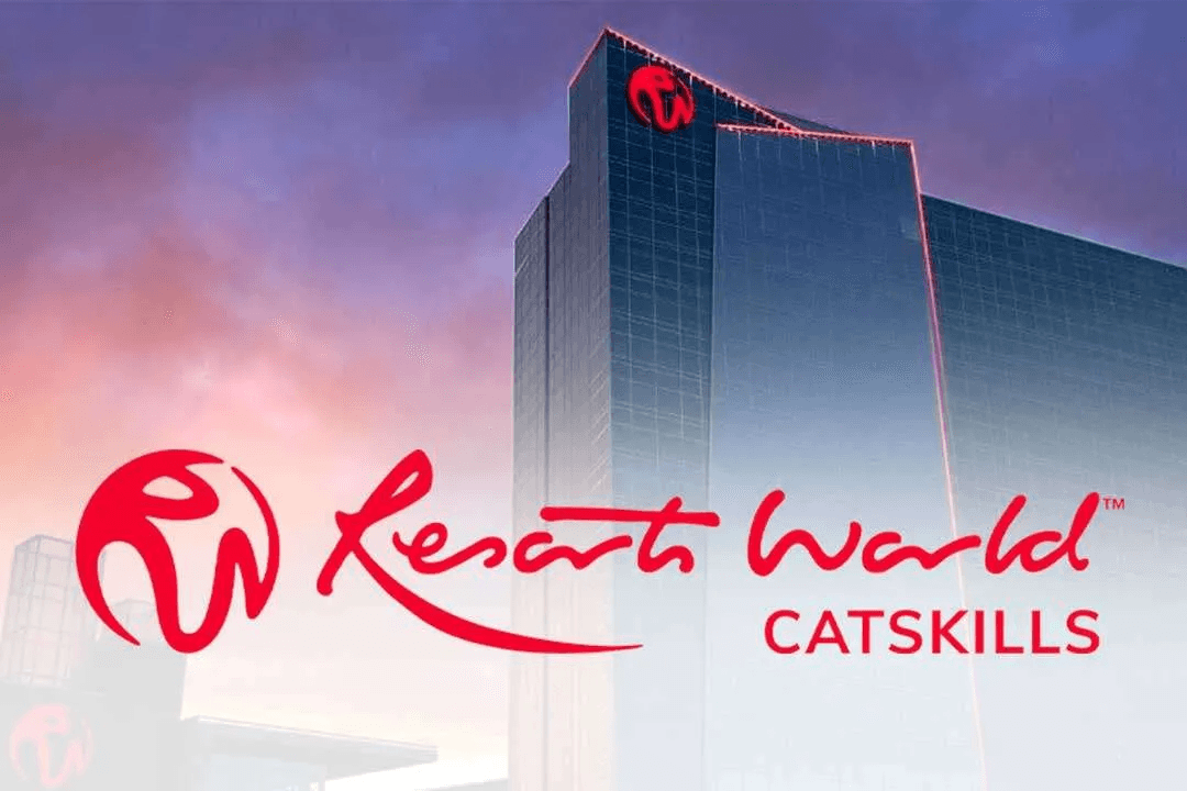 Logo of Resorts World Catskills featuring a modern building backdrop.