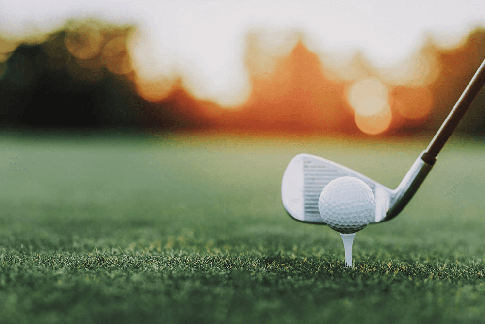A golf club poised to strike a ball on a sunlit green.