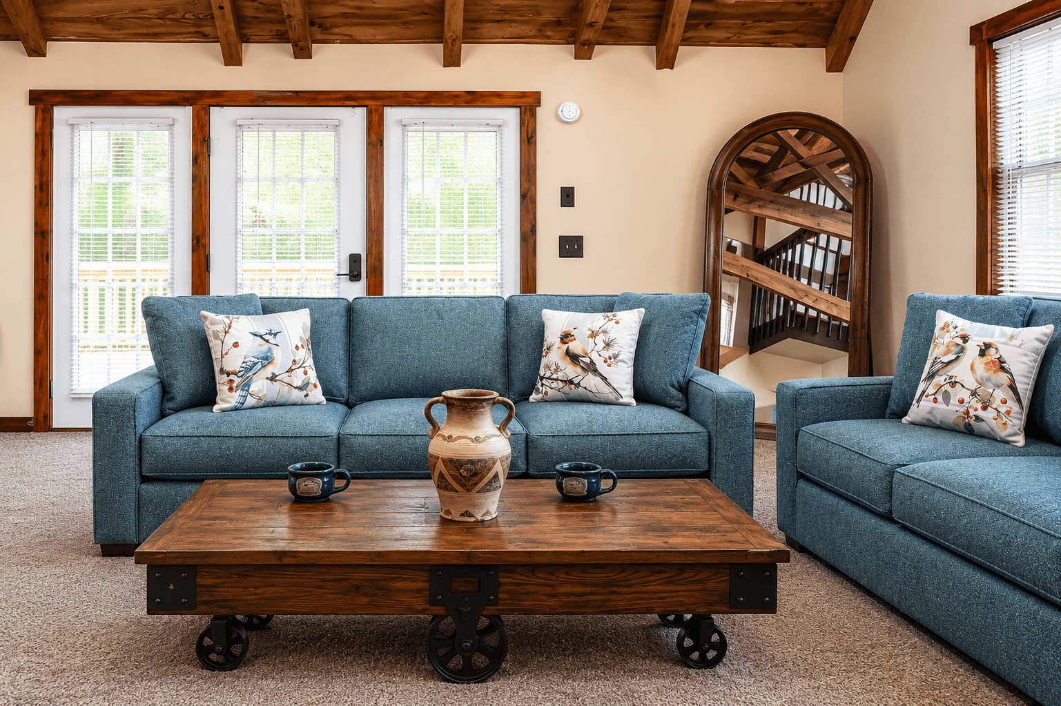 A cozy living room featuring a blue couch with decorative pillows, a wooden coffee table, and large windows.