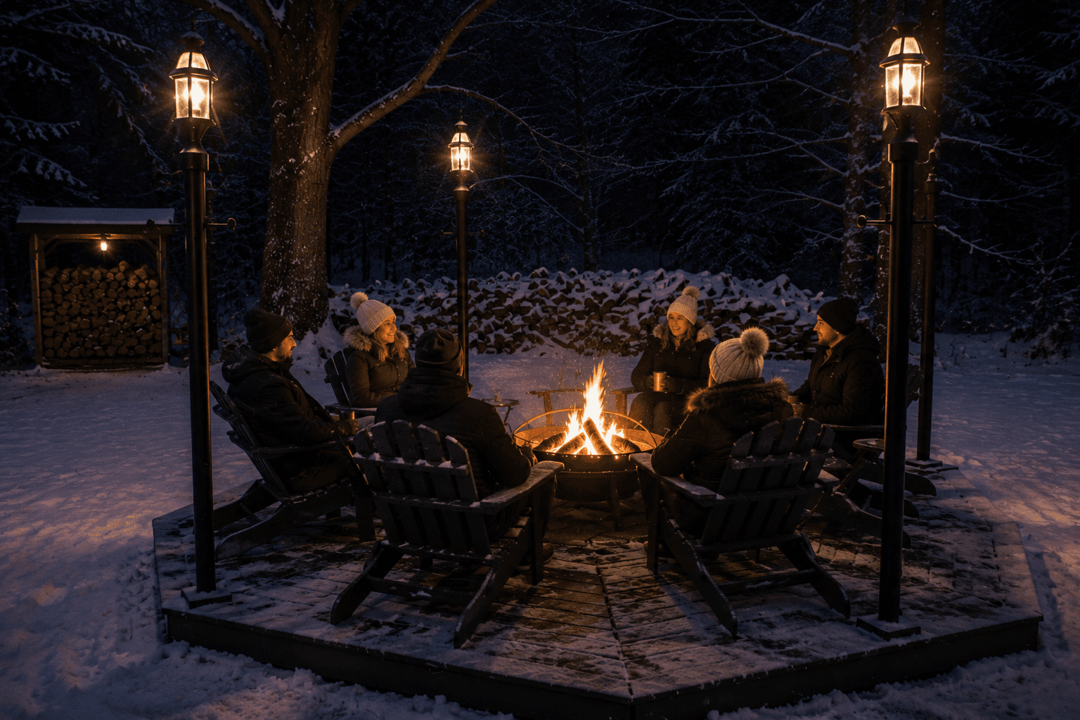 A group of six people gathers around a fire pit on a snowy evening, illuminated by lanterns. A group of six people gathers around a fire pit on a snowy evening, illuminated by lanterns.