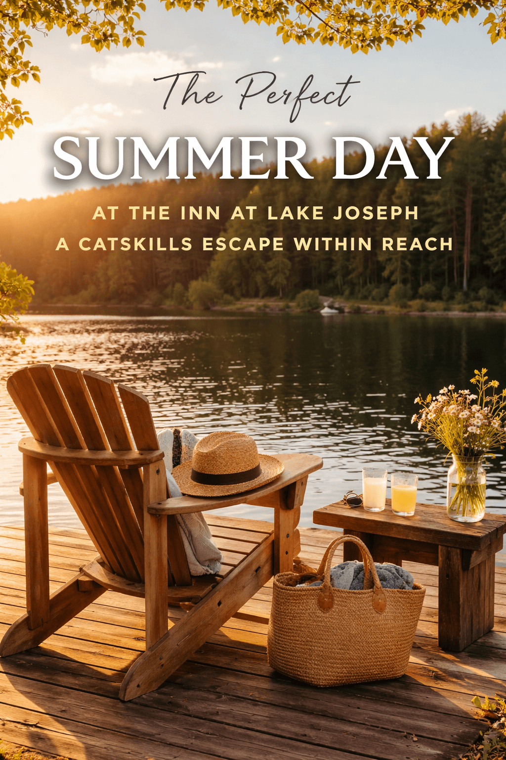 Adirondack chair on a wooden dock by a lake, surrounded by summer decor and a sunset backdrop. Adirondack chair on a wooden dock by a lake, surrounded by summer decor and a sunset backdrop.